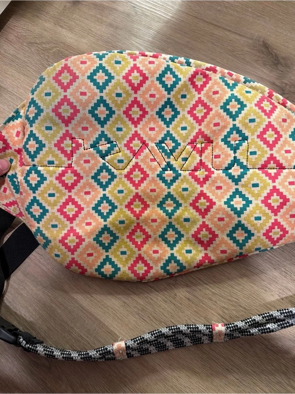 Kavu Multicolor Geometric Rope Sling Bag - Coral, Teal, Mustard